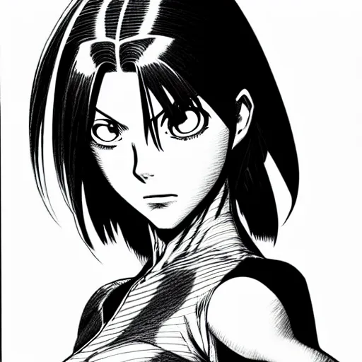 Image similar to alita by yukito kishiro. medium shot. black and white manga. pencil drawing. high detailed face