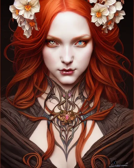 Prompt: succubus ginger portrait, art nouveau, fantasy, intricate flower designs, elegant, highly detailed, sharp focus, art by Artgerm and Greg Rutkowski and WLOP