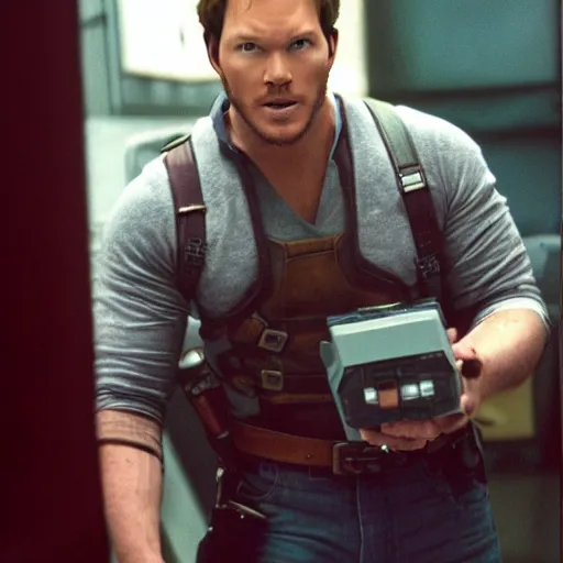 Image similar to Chris Pratt in new Mario Bros movie, 35mm film