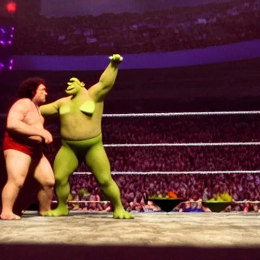 Image similar to shrek vs andre the giant at wrestlemania 8, dramatic lighting, 8k