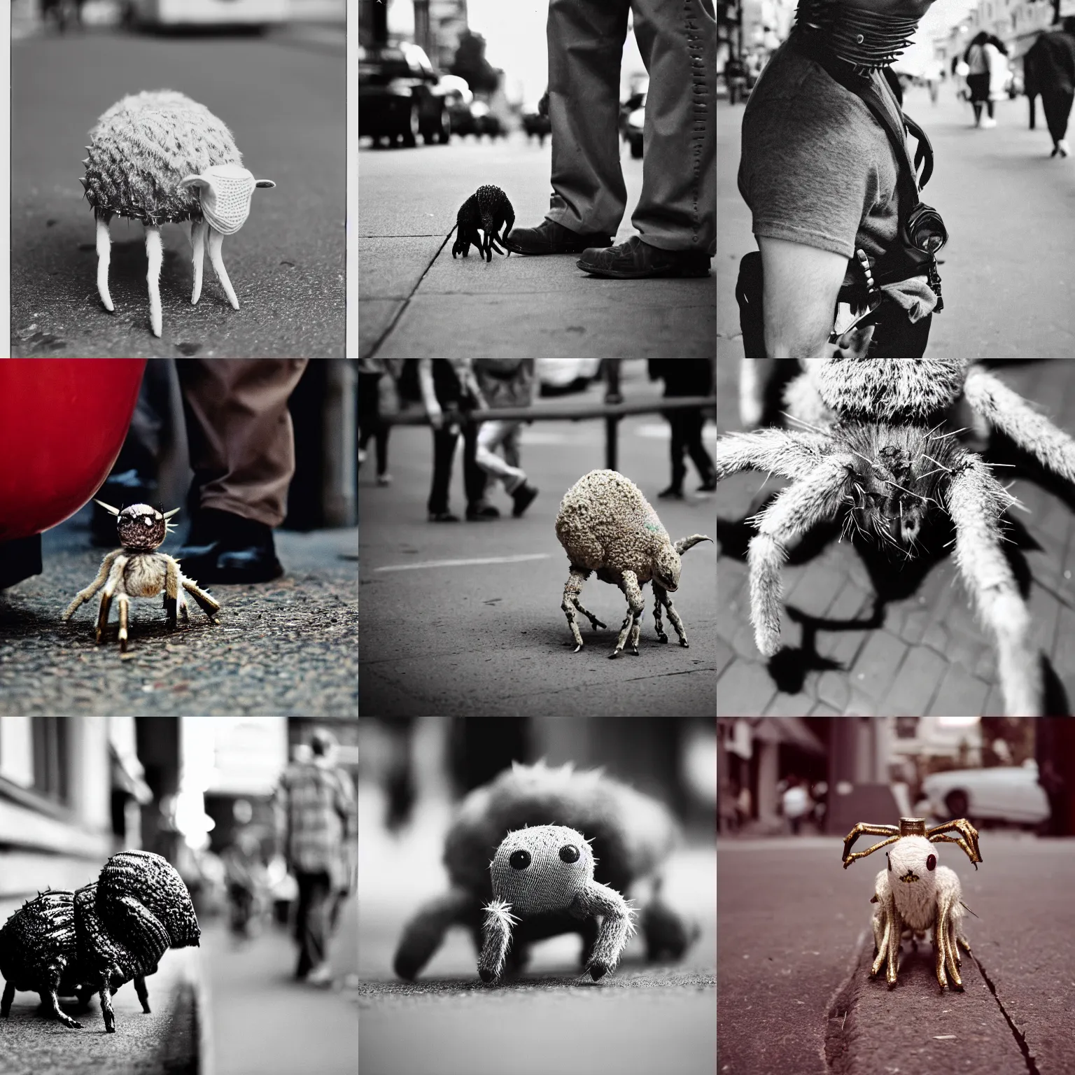 Prompt: plump spider - lamb creature with spiked back devouring a pair of khaki pants, street photography, 3 5 mm, film grain, f 1. 4, shallow depth of field