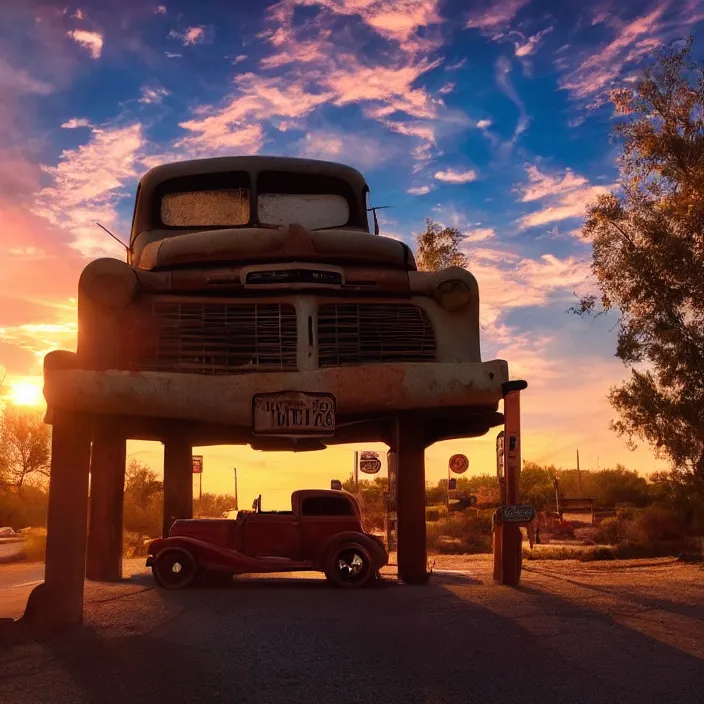 Image similar to a sunset light landscape with historical route 6 6, lots of sparkling details and sun ray ’ s, blinding backlight, smoke, volumetric lighting, colorful, octane, 3 5 mm, abandoned gas station, old rusty pickup - truck, beautiful epic colored reflections, very colorful heavenly, softlight