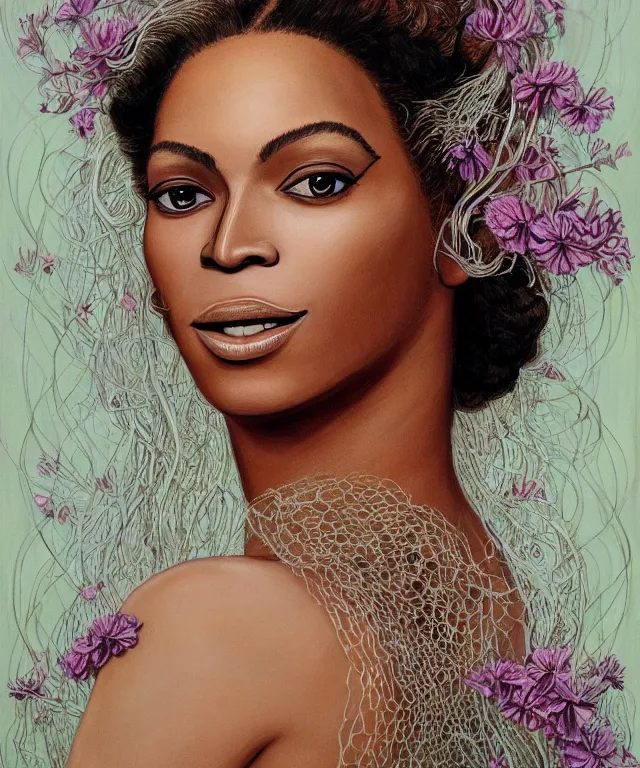 Prompt: facial portrait of Beyonce as a young pretty woman in flowing dress, arrogant, mysterious, long fine flowing hair, delicate, looking at camera, slightly awkward smile, realistic face, no hands visible, intricate, stylish, elegant, grimdark fantasy, flowers, extremely detailed painting by Martine Johanna and Ernst Haeckel and Greg Rutkowski