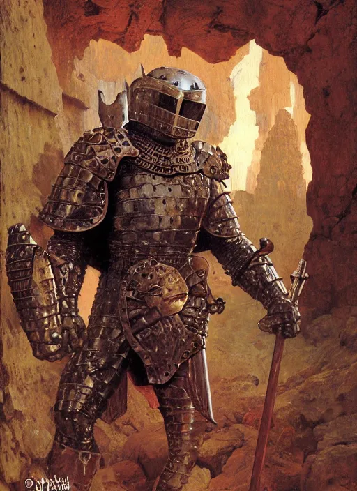 Image similar to knight in armour, lava cave, dynamic action, by lawrence alma - tadema and zdzislaw beksinski and norman rockwell and jack kirby and tom lovell and greg staples, artstation creature art