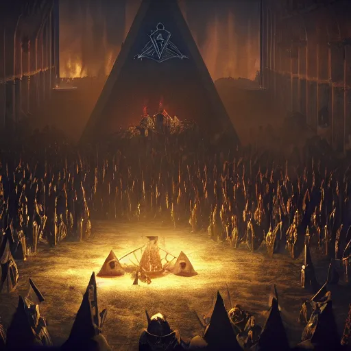 Image similar to satanists Minions in masonic lodge during a medieval battle, warcraft style, realistic 4k octane beautifully detailed render, 4k post-processing, highly detailed, intricate complexity, epic composition, magical atmosphere, cinematic lighting, masterpiece, ultra hd