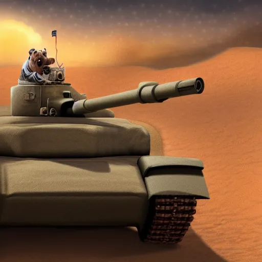 Prompt: An anthropomorphic dog driving a tank in a desert, ultra detailed, digital art, 4K