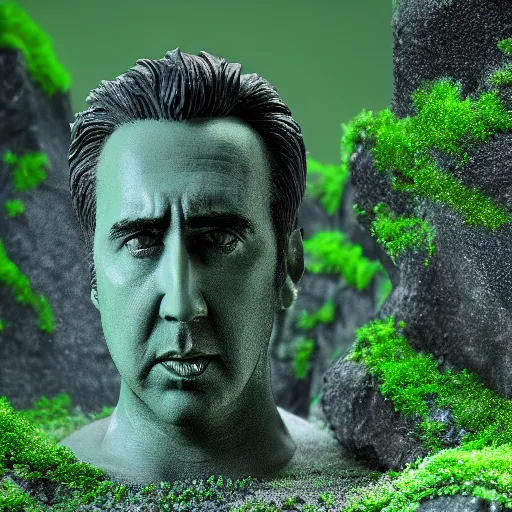 Prompt: Nicolas Cage mossy statue, green moss all over, bottom of the ocean, deep ocean, bottom of ocean, dark, 35mm, fish, 4k, detailed, photorealistic, photo, unreal engine 5,