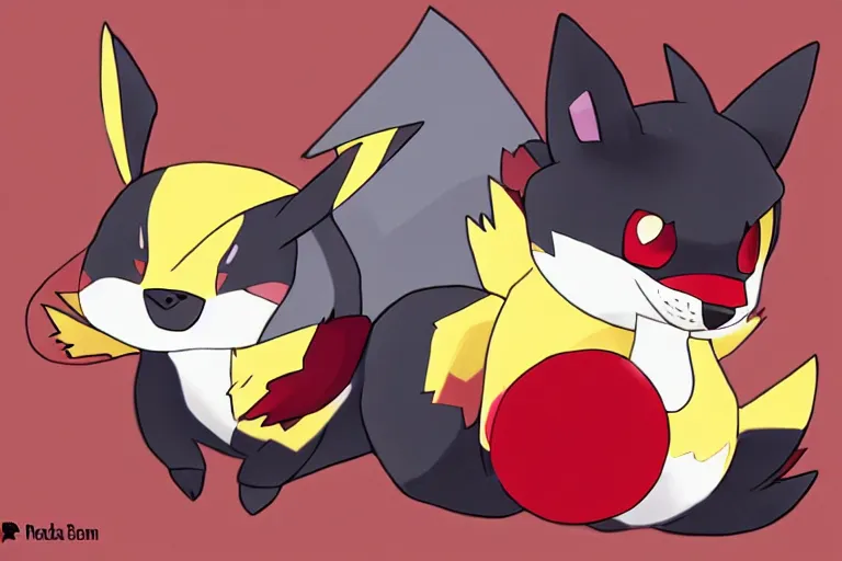 Image similar to zorua the black and maroon colored fox - like pokemon playing with a pikachu, pokemon, super detailed, clean lines, digital art