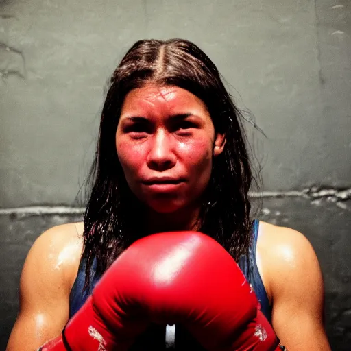 Prompt: close up portrait of woman boxer after boxing with brews blood sweating, photography photojournalism, very grainy image, 80mm lens, close up portrait polaroid