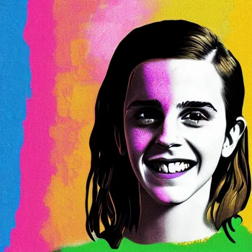 Image similar to rainbow smiling happy emma watson age 1 7 as hermione. pop art.