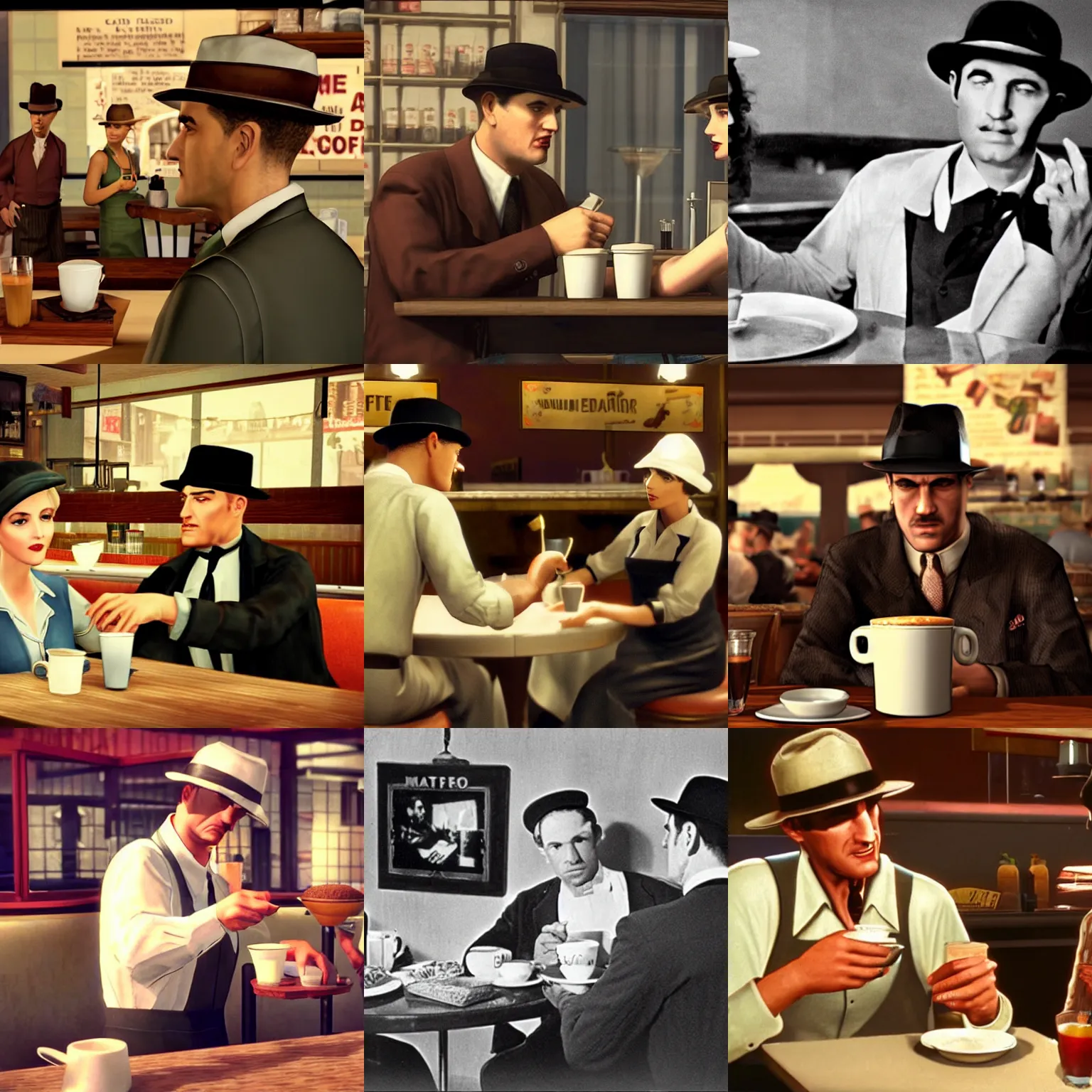 Prompt: man in hat and shirt drink coffee, waitress on background, screen short from mafia 2, cinematic, 1 9 3 0 style, diner caffee