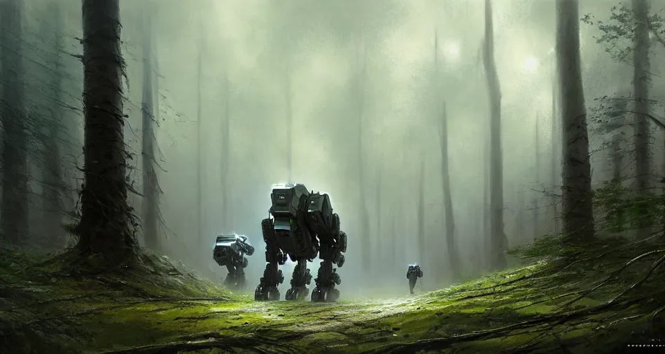 Image similar to hyper realistic sci - fi matte concept art painting of giant battlemech walking through a forest, beautiful details, strong composition painted by kim jung guweta studio rutkowski, james gurney and greg rutkowski, and lucasfilm, smooth, intricate, detailed, sharp focus, cinematic