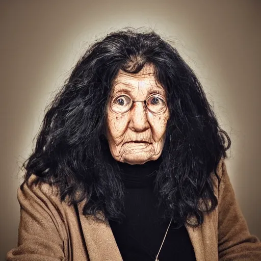 Image similar to an amazing award winning portrait photo of a old woman with black long hair, cinematic masterpiece