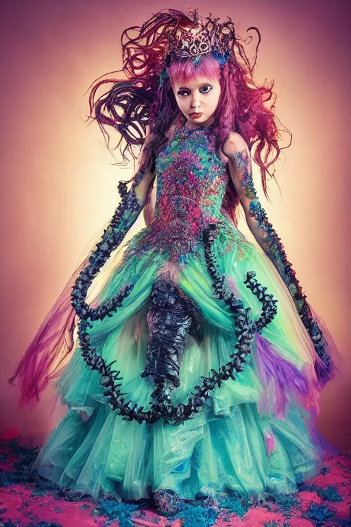 Image similar to A full body shot of a cute and mischievous young monster princess wearing an ornate gown. Covered in barnacles and tentacles. Dynamic Pose. Quinceanera dress. Rainbow palette. rainbowcore. Dramatic Lighting. Eldritch. defined facial features, symmetrical facial features. Opalescent surface. Emerging from the darkness. Elegant. By Ruan Jia and Artgerm and Range Murata and WLOP and Ross Tran and William-Adolphe Bouguereau. Key Art. realistic, Hyperdetailed. Fantasy Illustration. Masterpiece. artstation, award winning, sharp, details, HD, HDR, 4K, 8K.