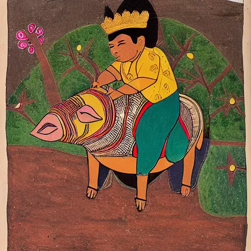 Image similar to boy with gold crown riding pig in style of Gond Paintings