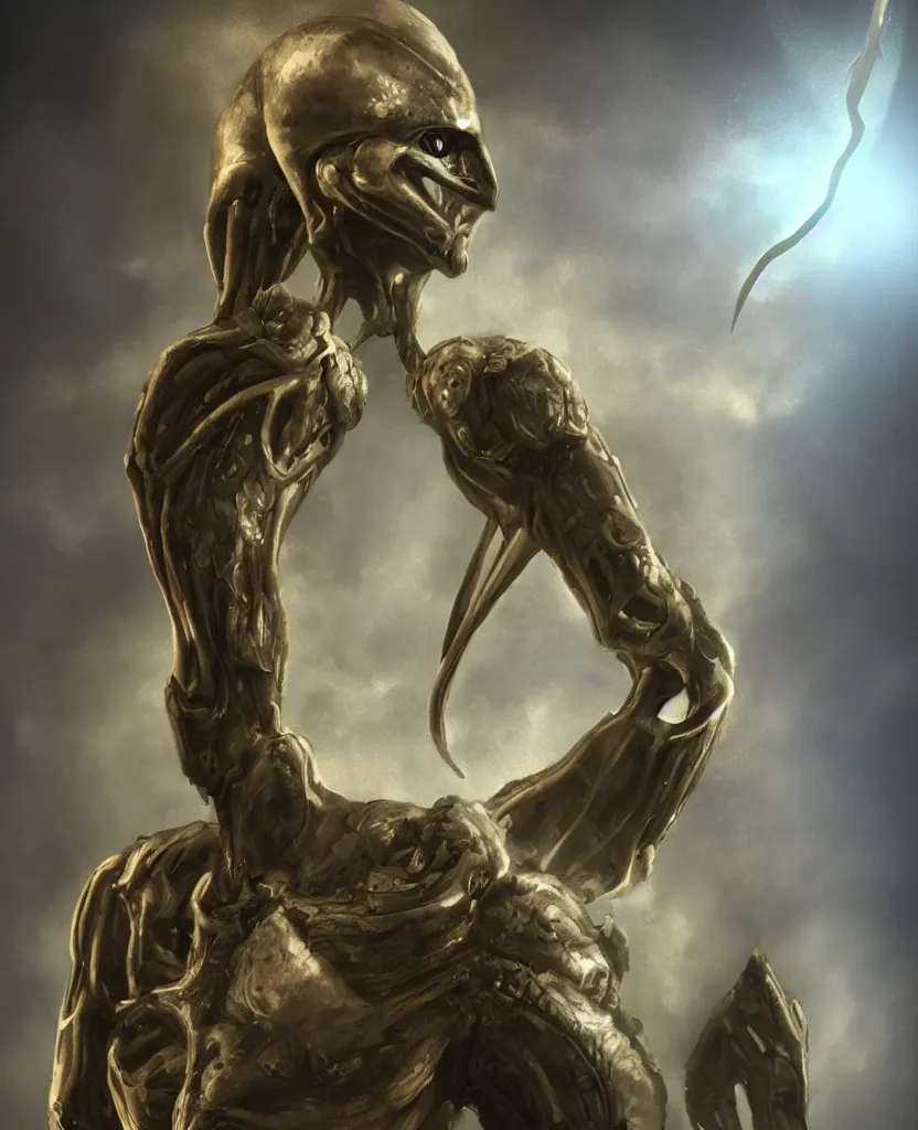 Image similar to a portrait of humanoid alien with a heroic pose, dramatic rim lighting