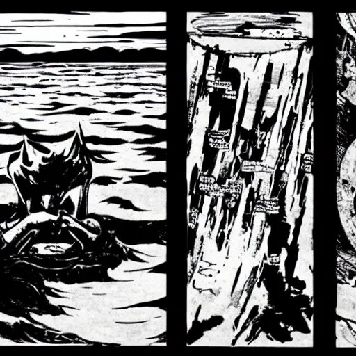 Prompt: A pitch black lake, reflecting the moon. Dark Fantasy, Film Noir, Black and White. High Contrast, Mike Mignola, D&D, OSR