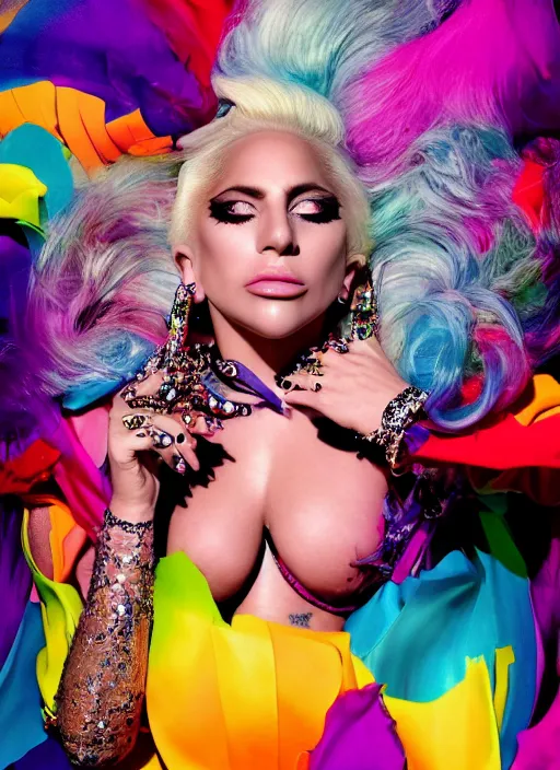 Prompt: lady gaga photoshoot by david lachapelle, high fashion, colourful set, studio lighting Highly realistic. High resolution. Highly detailed. Dramatic. 8k.4k.