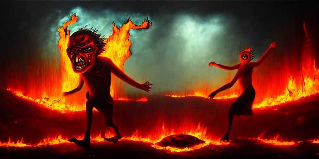 Prompt: personified emotion and thought creatures riot in a fiery wasteland, dramatic lighting glow from giant fire, attempting to escape to the surface and start a revolution, in a dark surreal painting by ronny khalil