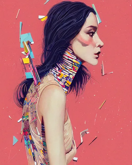 Image similar to an ultradetailed beautiful painting of a stylish woman with colorful band aids, concert poster, retro, conrad roset, greg rutkowski, flume cover art