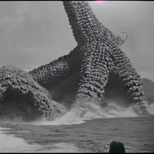 Image similar to a couple escaping from a giant Kaiju Starfish Monster over a traditional Korean village, minimal cinematography by Akira Kurosawa, movie filmstill, film noir, thriller by Fritz Lang and Shin Sang-ok