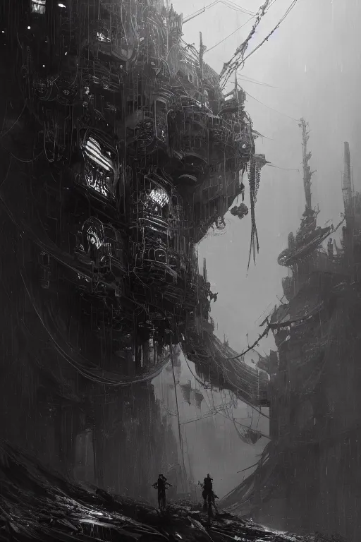 Image similar to Beautiful game about modern pirates. Style as if Tsutomu Nihei and Steven Belledin make game on Unreal Engine 5, sinister by Greg Rutkowski horror Gustave Doré Greg Rutkowski, biopunk art, vivid color tones, beautiful and horrible, intricate transhuman, dystopian cyberpunk, eyelashes, extremely detailed, digital painting, sculpted in zbrush, artstation, concept art, smooth, sharp focus, illustration, chiaroscuro soft lighting, golden ratio, rule of thirds, fibonacci, lots of reflective surfaces, subsurface scattering
