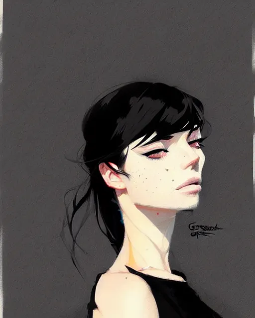 Image similar to a ultradetailed beautiful portrait panting of a stylish woman in a black dress sitting, by conrad roset, greg rutkowski and makoto shinkai trending on artstation