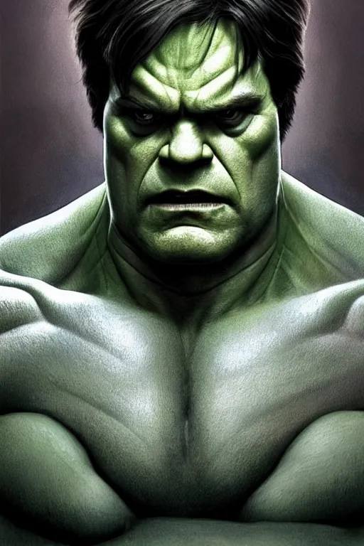 Image similar to Dwight Schrute as Hulk, Hulk costume, Dwight Schrute hairstyle, Hulk body type, Dwight Schrute Face, calm, grumpy, portrait, masculine figure, highly detailed, digital painting, artstation, concept art, smooth, sharp focus, illustration, cinematic lighting, art by artgerm and greg rutkowski and alphonse mucha