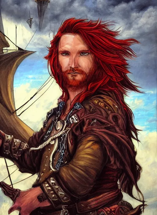 Image similar to an epic fantasy comic book style portrait painting of a long haired, red headed male sky - pirate in front of an airship in the style of the farseer series