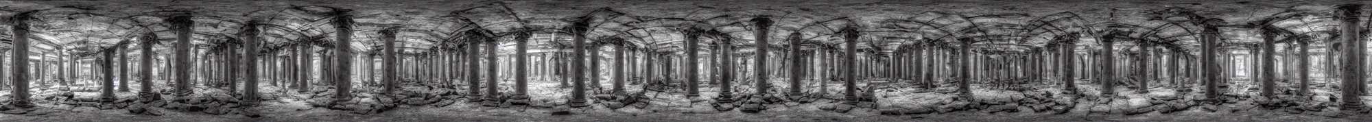 Image similar to photo of an immersive forgotten panopticon well, with columns and destroyed cybernetics from an ancient civilization, photorealistic, full of eyes, higly detailed dark, 3 6 0 picture, panorama, 3 5 mm slide, trending on flickr, in the style of francesca woodman, zachary corzine, zhelong xu, greg rutkowski and anders zorn