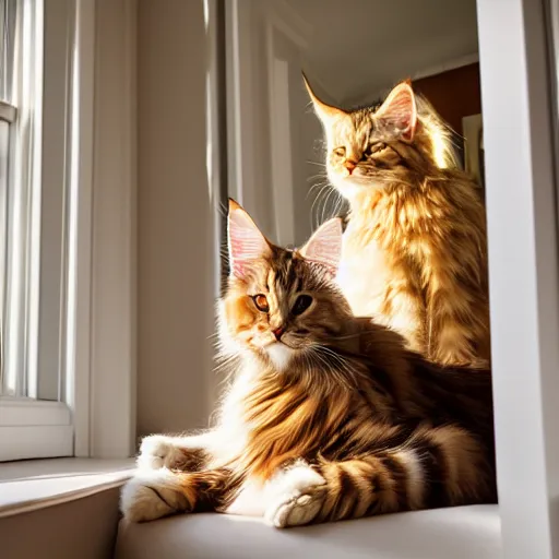 Prompt: portrait cream color maine coon cat curled up, bay window sofa, 8K, 4K, art, style of Matt Bors, by Antoine Blanchard, oversaturated lens flair, bokeh, sunbeam