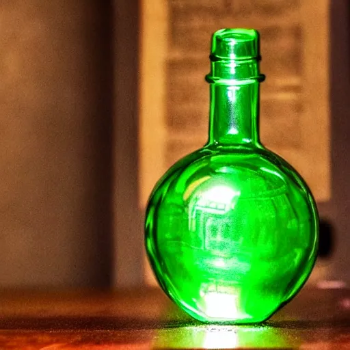 Prompt: a glass bottle filled with a green glowing potion standing in an old wilden desk, dark brown white green colours, magical mysterious, very detailed, realistic