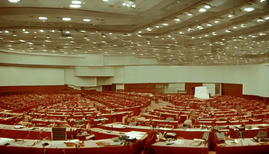 Image similar to 60s movie still of empty soviet congress with one man standing, cinestill 800t 50mm eastmancolor, liminal Space style, heavy grain-s 150