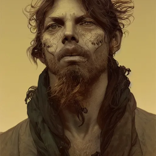 Image similar to portrait of a haggard man with the face of a bird, nature, surreal, face, detailed, intricate, elegant, lithe, highly detailed, digital painting, artstation, concept art, smooth, sharp focus, illustration, art by krenz cushart and artem demura and alphonse mucha