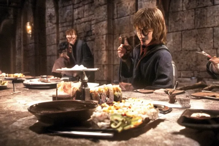 Image similar to Harry potter film, a scene where Harry Potter eating in a Concrete wall basement, Sushi is placed on a small aluminum table placed in the center, Dark cinematic color tones.