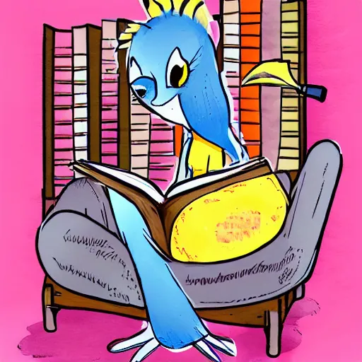 Prompt: a cute firebirdy reading a book in a library #commission