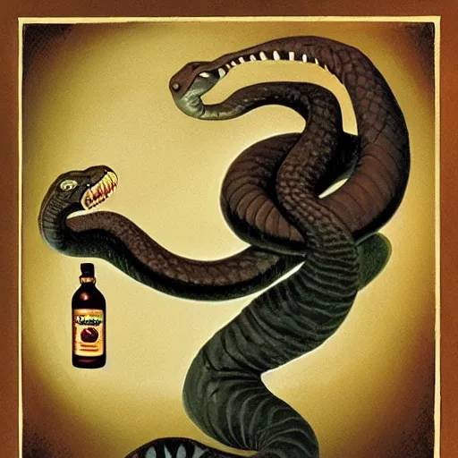 Prompt: a grinning anthropomorphic snake selling bottles of medicine, fantasy, dave mckean