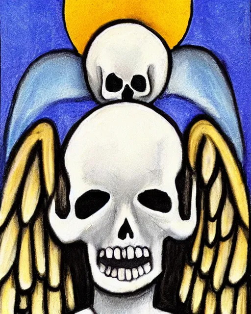 Prompt: an angel with a skull for the head, by jenni pasanen