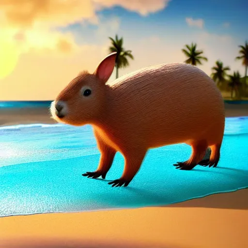 Image similar to “capybara and bunny with black spots on face and nose, on the beach with blue water and white sand, swaying palms, photorealistic render, colorful sunset, unreal engine 5, dynamic lighting, trending on artstation,”