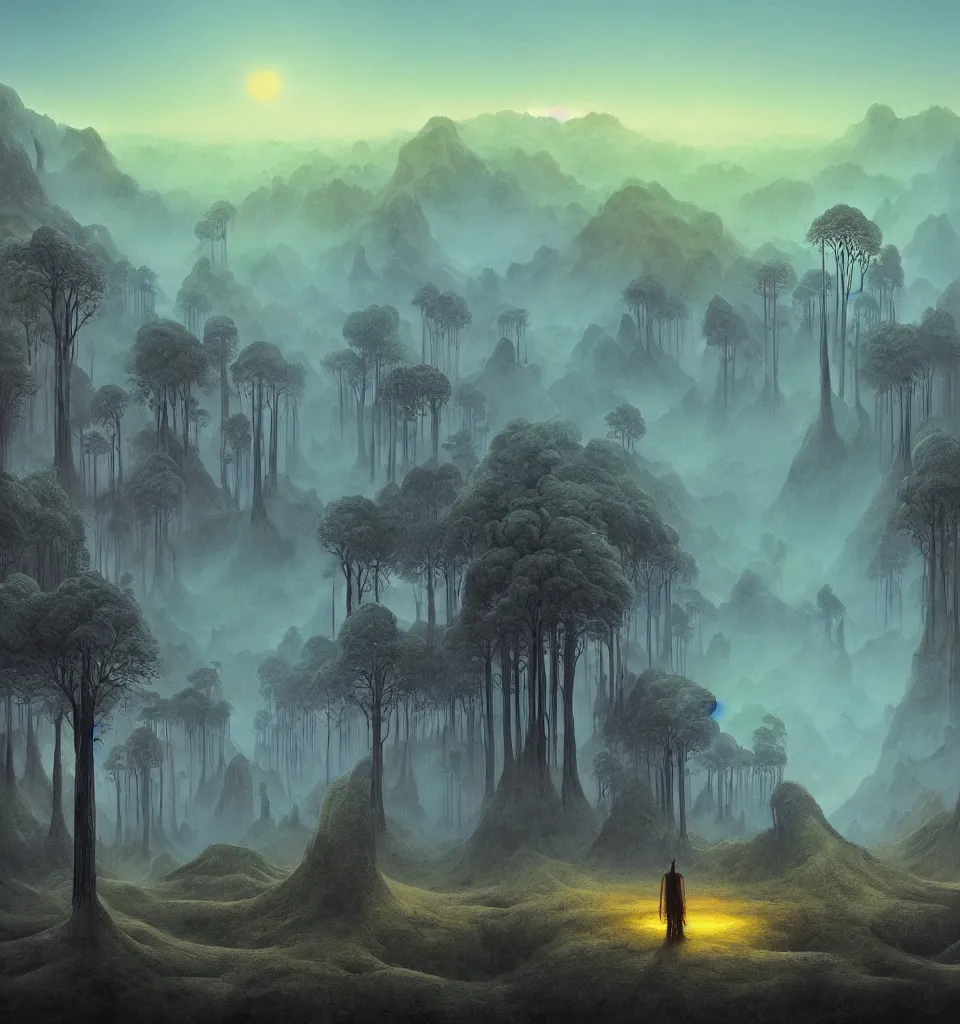 Prompt: digital matte painting of a magical land of nowhere, trees and mountains, transparent smoke from hell, notan sun in the background, abstract, surreal art, painted by beksinski and android jones