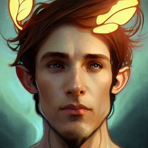 Prompt: digital character concept art by artgerm and greg rutkowski and alphonse mucha. clear portrait of a male half elf bard with light brown hair, light effect. hyper detailed, glowing lights!! intricate, elegant, digital painting, artstation, smooth, sharp focus