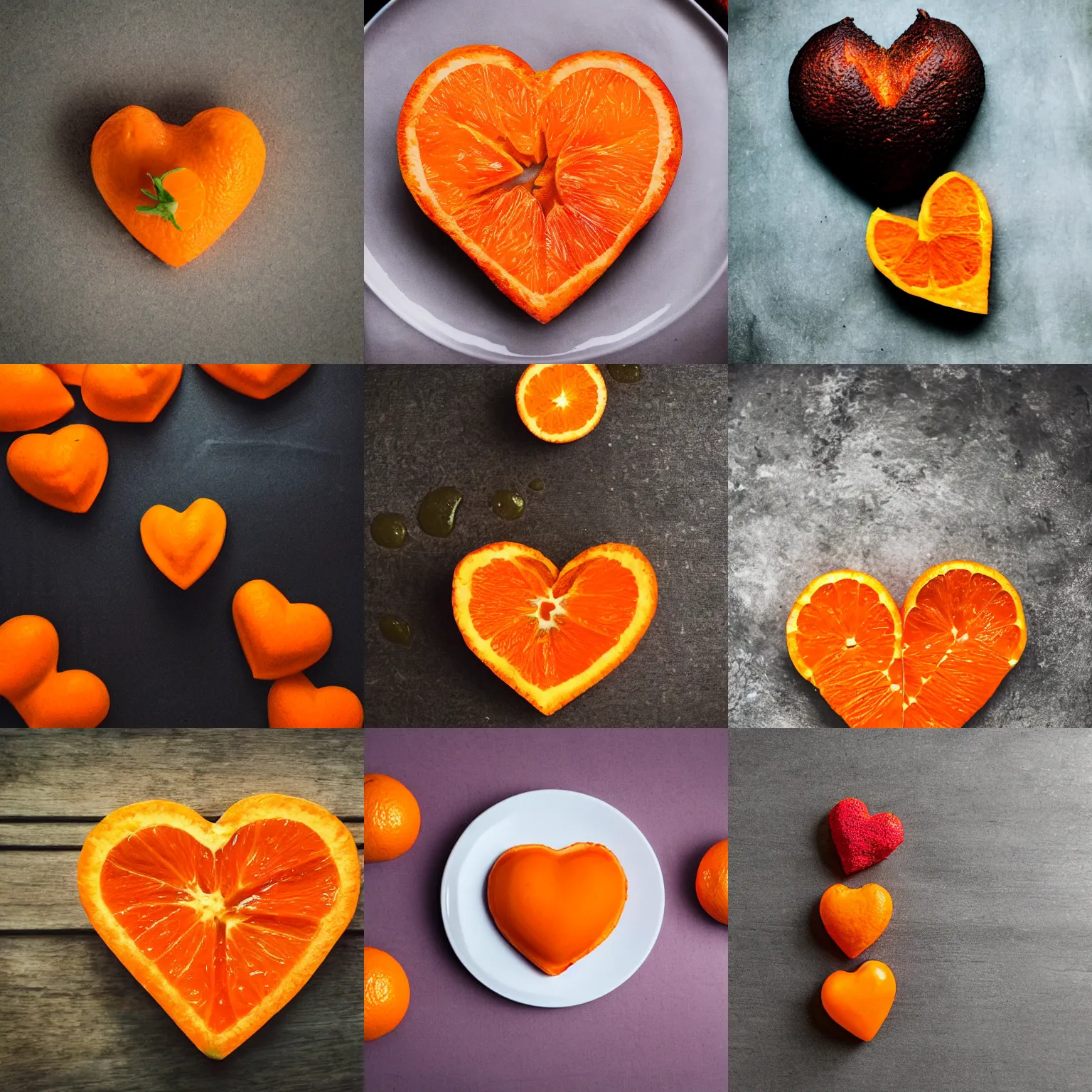 Prompt: orange in the shape of a heart, food photography