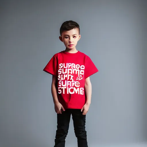 Image similar to short kid wearing a supreme shirt, detailed, studio