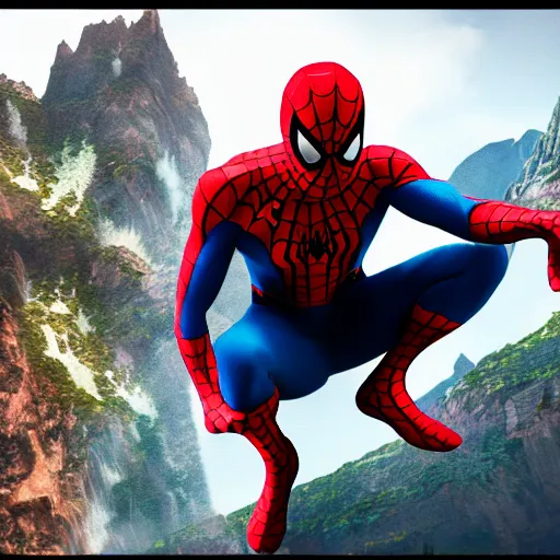 Prompt: a closeup photorealistic photograph of spider - man working on a canvas painting. film still. brightly lit scene. mountains and trees. this 4 k hd image is trending on artstation, featured on behance, well - rendered, extra crisp, features intricate detail, epic composition and the style of unreal engine