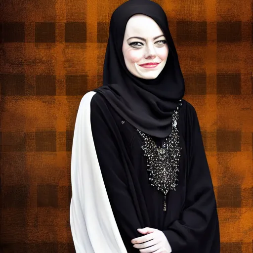 Image similar to A portrait of Emma Stone wearing a Black Arabian abaya , high quality, fully detailed, 4k