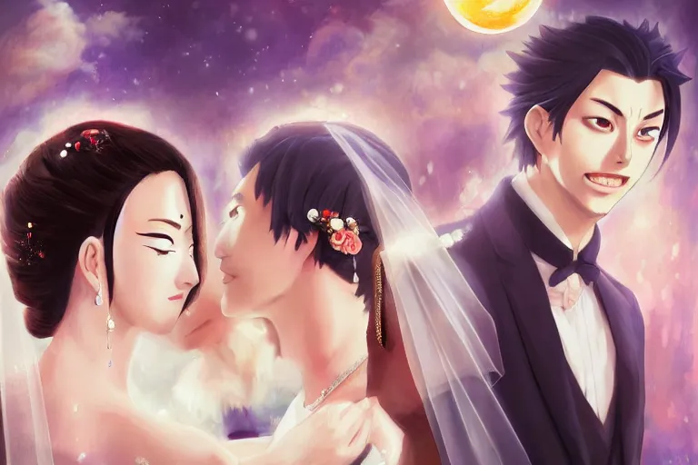 Image similar to a cinematic portrait of wedding photograph jpeg close up moment of a divine a japan sun god and moon goddess lovers magician at a wedding banquet. portraiture. digital painting. artstation. concept art. wedding photo. digital painting. naruto the movie art masterpiece by art by krenz cushart