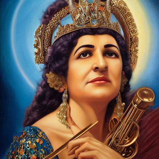 Image similar to a detailed fantasy character portrait of om kalthoum as goddess of music by lauri blank, artgerm, evelyn de morgan, 8K, 50mm lens