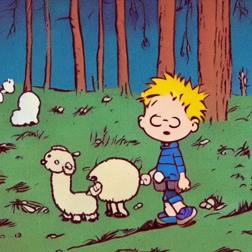 Image similar to a wide angle illustration of a very cute baby with large cheeks, blue eyes and short blonde hair. he is holding a stuffed toy llama and walking in the forest. illustrated in the style of bill watterson in the comicbook calvin and hobbes