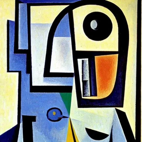 Prompt: cubist painting of a robot by Pablo Picasso, clean lines, close up
