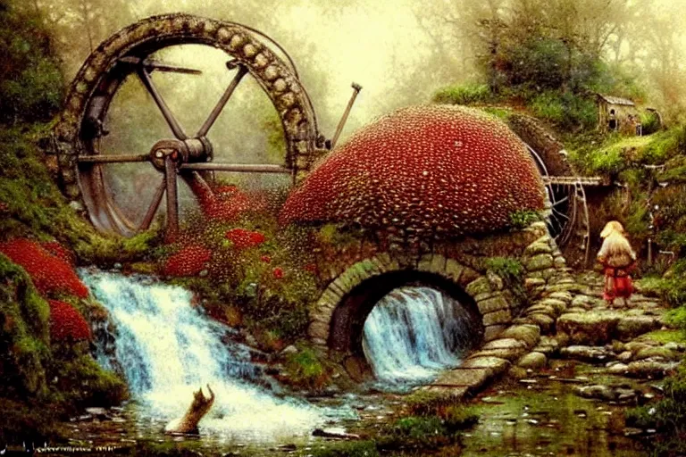 Image similar to adventurer ( ( ( ( ( 1 9 5 0 s retro future waterwheel and mill in forrest of giant mushrooms, moss and flowers stone bridge waterfall. muted colors. ) ) ) ) ) by jean baptiste monge!!!!!!!!!!!!!!!!!!!!!!!!! chrome red